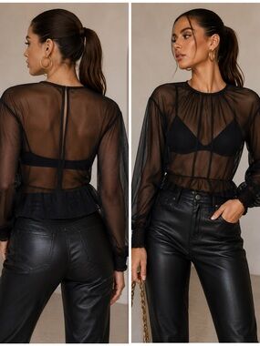 NBD Black Mesh Peplum Women’s Layering Blouse Sz S